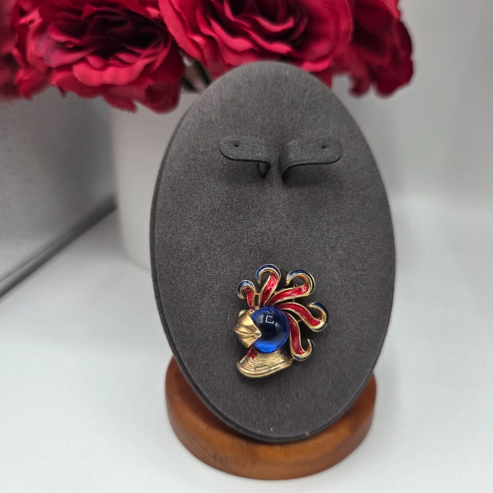 Trifari Red Blue Jelly Belly Figural Brooch Pin Jewelry Gold Tone Vintage